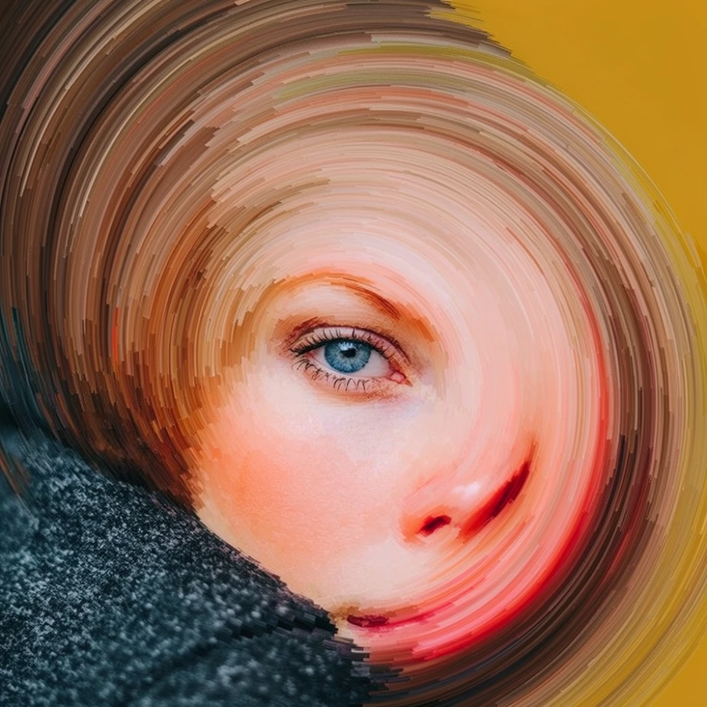 surreal digital portrait, partial face with light skin and a single blue eye, extreme circular pixel-stretch distortion, facial features elongated into sweeping radial curves, warm peach and red tones blending into concentric streaks, dark textured grey garment on bottom left, solid mustard yellow background top right, digital glitch art, surreal manipulation