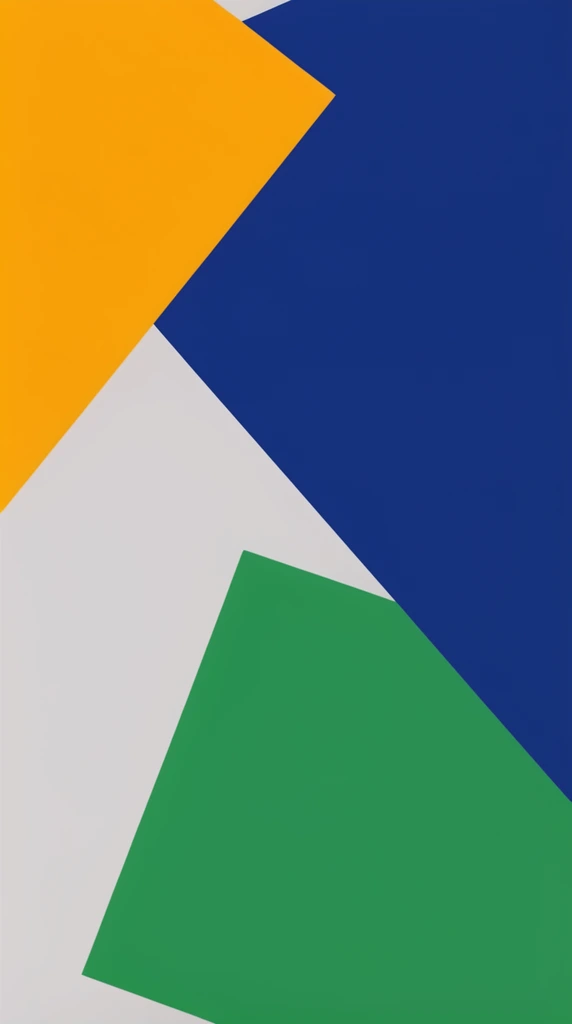 abstract geometric composition, interlocking solid color blocks, flat vector graphic style, bold yellow-orange angular shape top left, expansive dark blue polygon top right, vibrant green quadrilateral bottom center, light grey negative space, sharp diagonal intersecting lines, minimalist aesthetic, crisp untextured surfaces