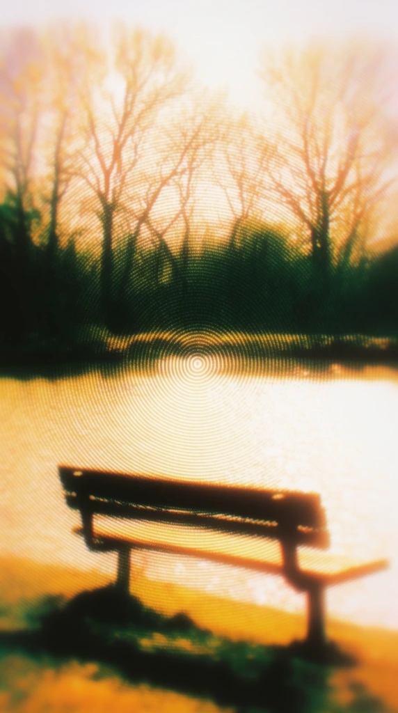 A single bench faces a body of water and a distant line of bare trees, rendered entirely through an extreme, radiating concentric circular halftone pattern. The bench sits in the lower foreground as a dark, high-contrast shape oriented toward the bright, expansive surface of the water, while the stark, leafless branches of the trees stretch across the background horizon. The entire visual field is defined by a severe radial moiré effect composed of tight, continuous concentric rings expanding outward from the absolute center of the frame, fracturing the underlying landscape into a rhythmic graphic abstraction. A hyper-saturated, intensely luminous color palette dictates the composition, featuring blazing golden yellows, vivid oranges, blinding white core highlights, and deep, rich forest greens plunging into solid black shadows. Heavy optical blooming and a deeply out-of-focus blur soften the structural edges of the bench, water, and trees, resulting in a radiant, overexposed aesthetic that mimics a heavily distorted, high-contrast retro printing technique.