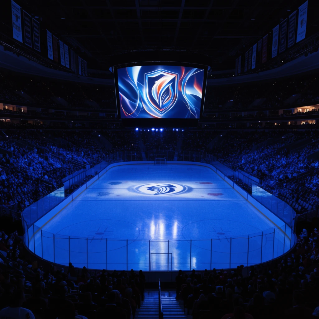 A vast indoor sports arena bathed in dramatic deep blue lighting. A massive jumbotron hangs above an ice rink, displaying a glowing abstract crest. The pristine ice reflects the vivid illumination, featuring a matching center-ice graphic. Tiered stadium seats surround the rink, filled with silhouetted spectators under high-contrast theatrical spotlights. Dark pennants suspend from the shadowed rafters.