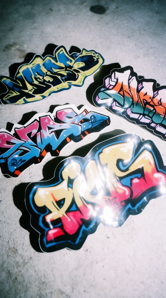 Four glossy stickers featuring vibrant graffiti tags adhere to a concrete floor, captured with the raw, high-contrast aesthetic of stark, direct flash photography. The intense, head-on lighting mimics a bare-bulb on-camera strobe, blasting the scene to create hard-edged, pitch-black drop shadows immediately adjacent to the stickers. Specular, intensely bright highlights reflect off the smooth vinyl surfaces of the decals, amplifying the deeply saturated colors of the graffiti ink. The flat-lay, top-down perspective presses the composition flat against the concrete, which is heavily illuminated by the harsh flash, transforming its rough, granular texture into a brightly lit, stark white-grey expanse. The ultra-crisp, high-definition rendering features a hyper-glossy finish with a cool-toned color grading in the deepest shadows, emphasizing an edgy, editorial snapshot visual language.