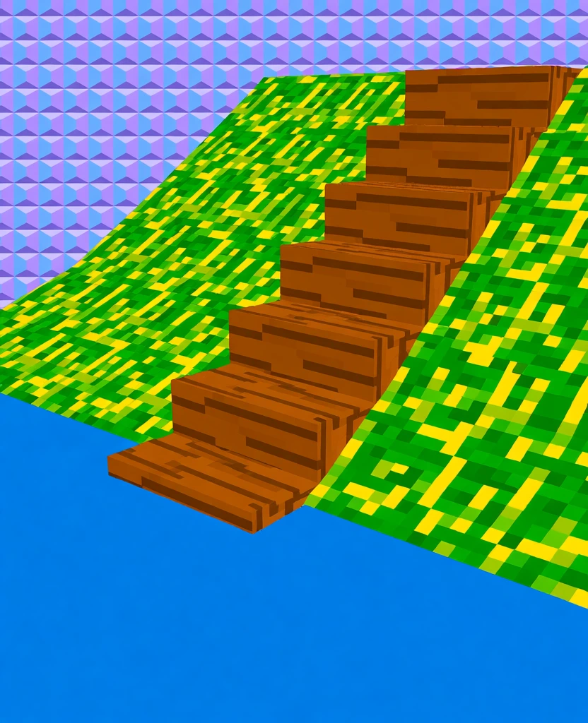 low-poly wooden staircase made of blocky brown planks, descending a simplified geometric hillside toward flat blue water, retro n64 video game aesthetic, bitmapped pixelated textures, vibrant saturated colors, flat shading with sharp edges, isometric view, background of a repeating cube grid pattern in a blue to purple gradient, 1990s early 3d console style, primitive geometry, distinct polygon faces, nostalgic low-resolution rendering, clean geometric composition.