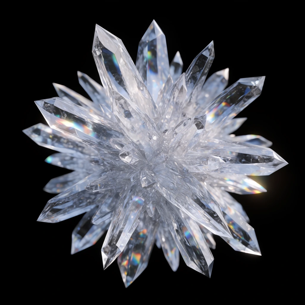 Clear crystal cluster, sharp transparent spikes radiating from center, geometric facets, refractive rainbow glints, photorealistic 3D render, solid black background