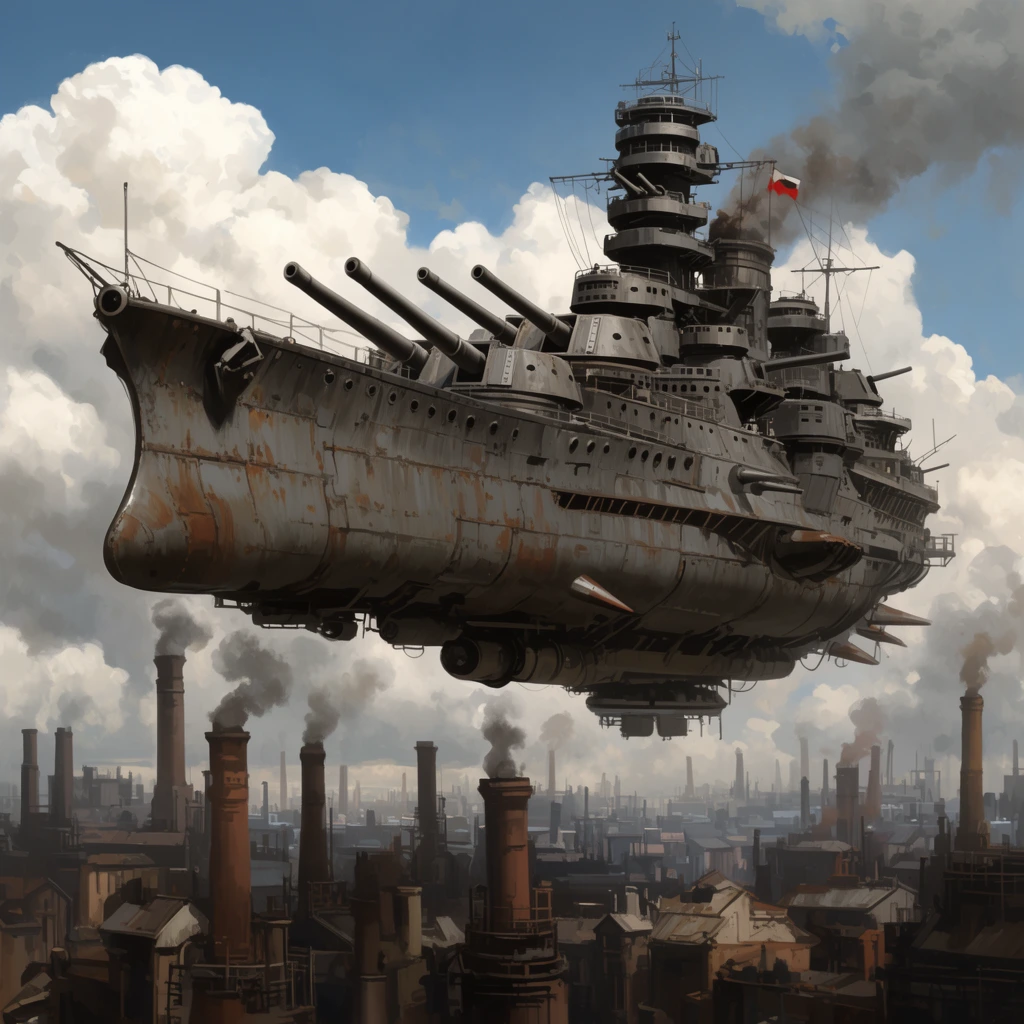 massive dieselpunk flying battleship, heavy artillery turrets, rusted grey hull, hovering over dense industrial city, smoking chimneys, large puffy clouds, blue sky, digital concept art