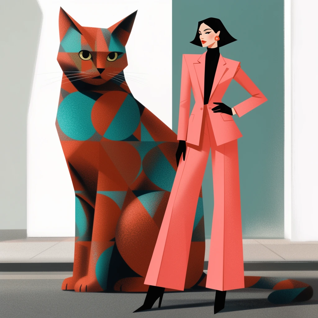 A stylized fashion illustration featuring a woman in a sharp coral pink suit standing beside an enormous geometric cat. The woman poses confidently in a tailored salmon blazer, wide-leg trousers, a black turtleneck, black gloves, and pointed black boots. The giant seated cat towers beside her, its coat patterned with large rust-orange and teal geometric circles and triangles enhanced by grainy, stippled texture. They are set against a minimalist urban background of stark white architectural planes, a muted teal block, and a gray street floor. The artwork combines flat graphic shapes with subtle digital airbrushing, creating a bold contrast between the elegant, angular human figure and the surreal oversized feline.
