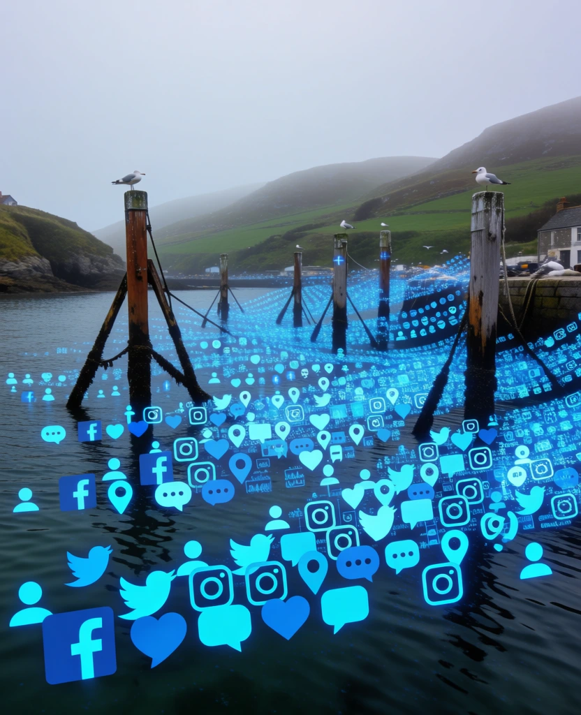 misty coastal harbor photography, weathered wooden mooring poles and perched seagulls rendered as dense repetitive stacks of glowing electric blue digital icons, moored boats composed of layered vector graphics, surreal digital collage aesthetic, juxtaposition of organic textures with flat digital icons, wide cinematic composition, soft ambient lighting on nature contrasted with vibrant neon cyan glow, surrealist internet-art style, clean digital intervention on nature