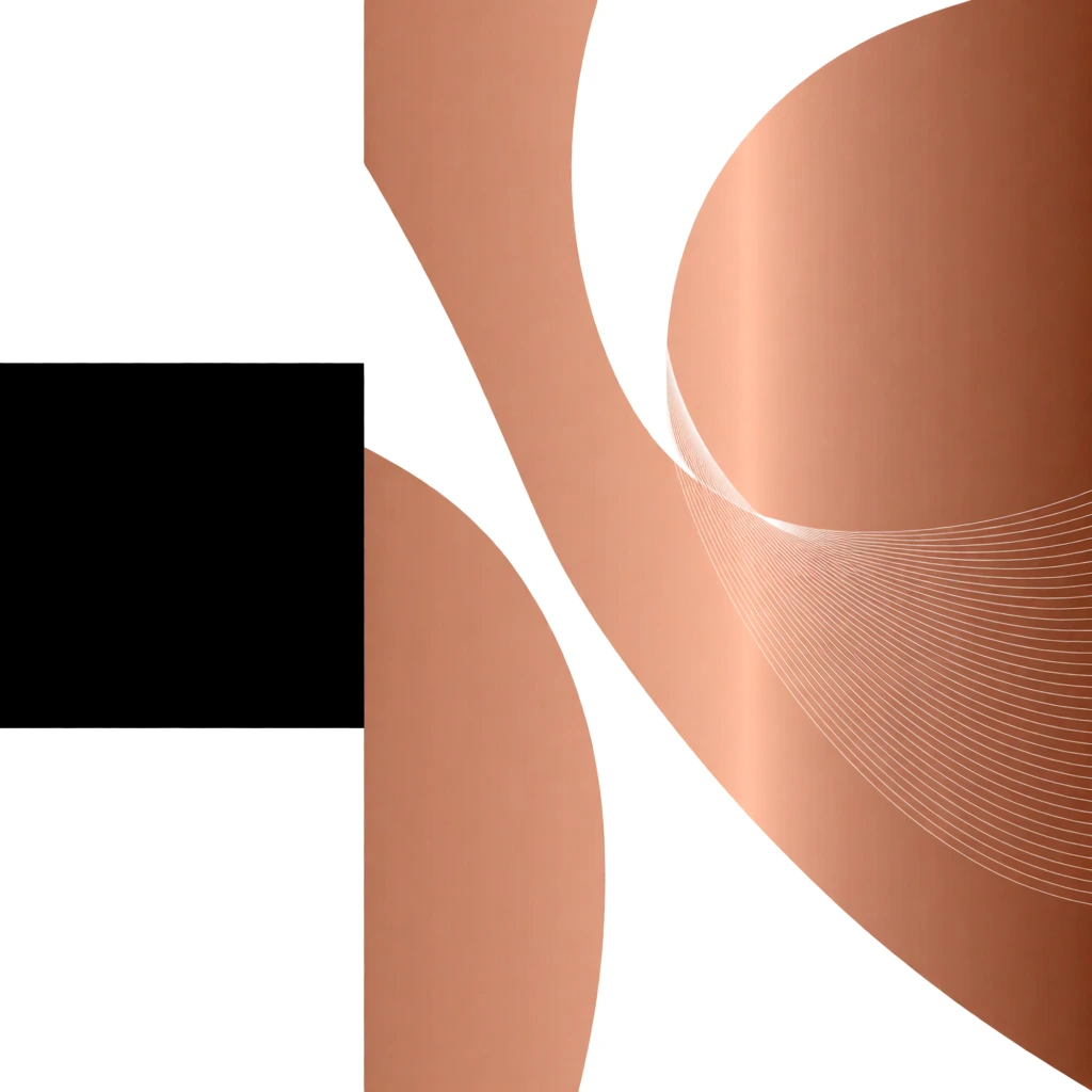 minimalist tri-panel graphic composition, stacked black and white squares on the left, large vertical soft copper gradient rectangle on the right, bold white abstract fluid shapes with sweeping elegant curves, delicate repeating concentric wireframe lines trailing horizontally creating a dynamic motion echo, high contrast vector art, modern geometric color blocking