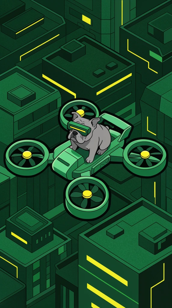 grey bulldog wearing a futuristic visor riding a large green quadcopter drone, flying over a dark green futuristic cityscape, isometric illustration, four circular rotors with yellow centers, blocky buildings with flat roofs and glowing yellow neon accents, flat vector art style, thick black outlines, grainy shading, monochromatic green palette with bright yellow highlights, high angle perspective