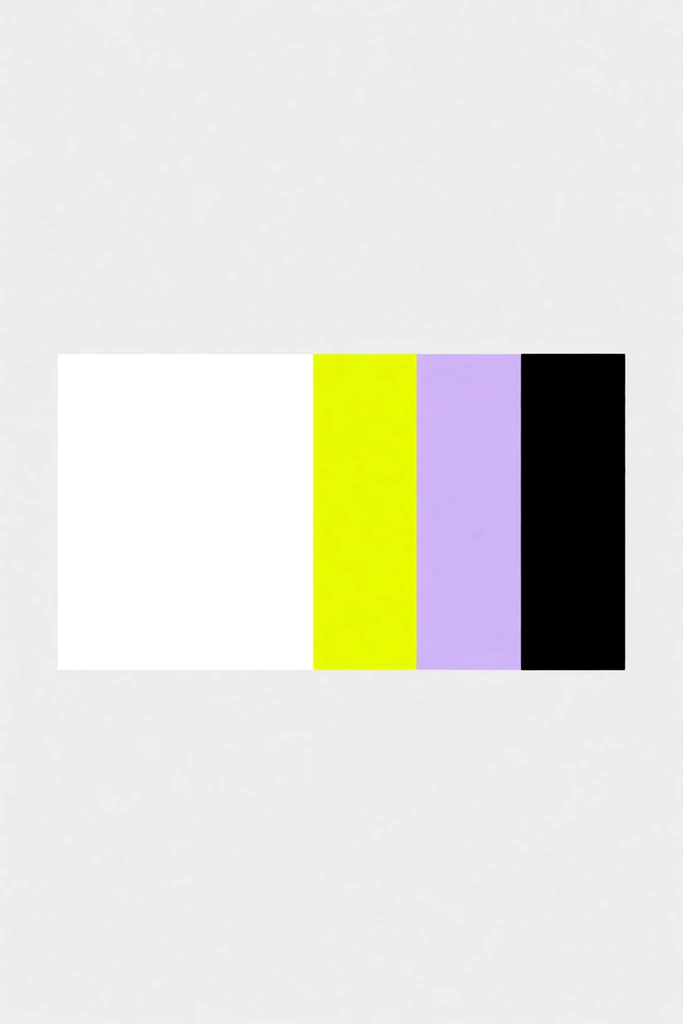 A minimalist, rectangular design asset composed of four distinct color blocks arranged horizontally against a solid, light grey background. From left to right, the blocks are: a large, wide white rectangle; a narrower, bright chartreuse yellow rectangle; a light lavender purple rectangle of equal width to the yellow one; and a solid black rectangle, also of equal width to the yellow and purple blocks. The white block is significantly wider than the other three. The overall composition is clean, flat, and geometric, with a focus on high-contrast color pairings.