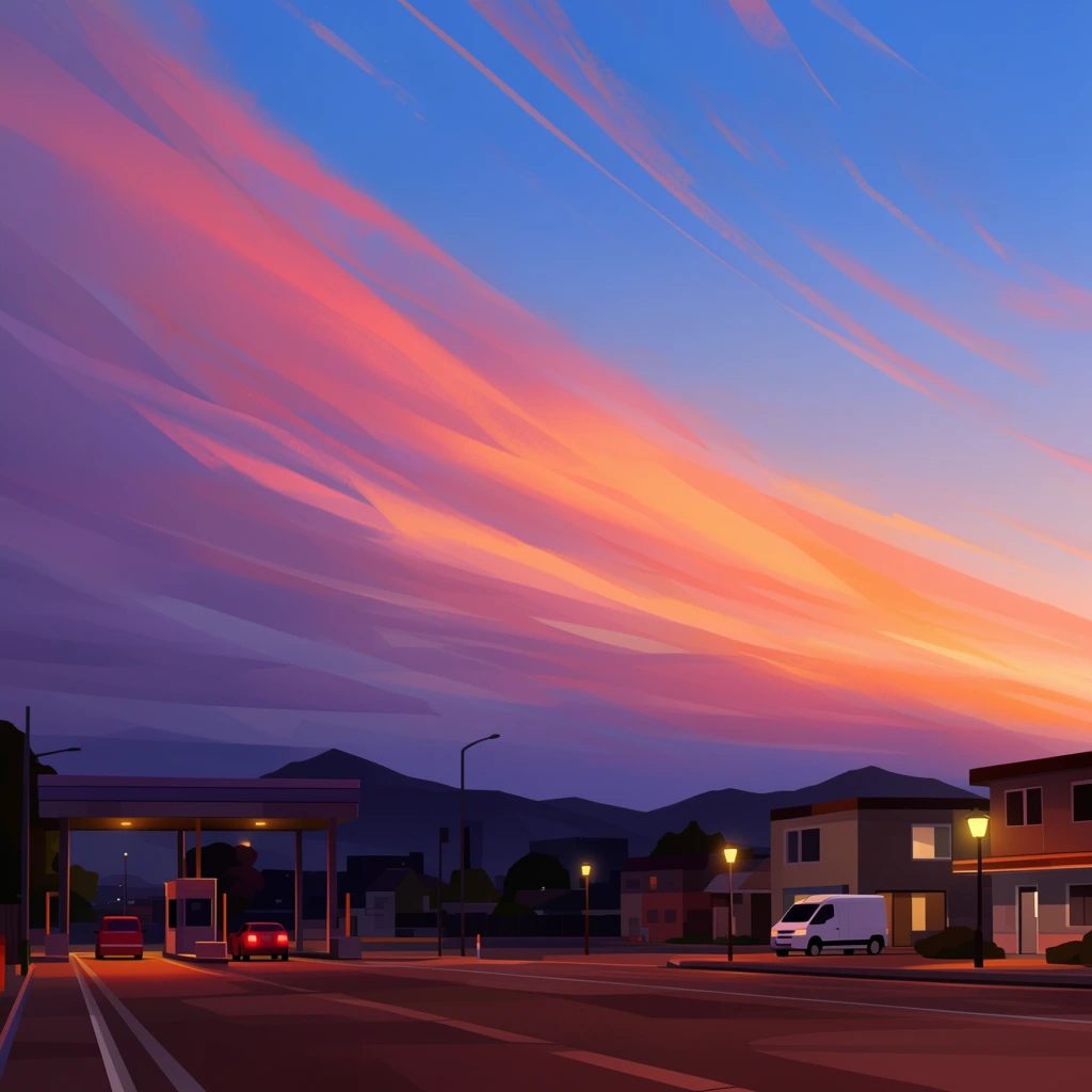 vibrant sunset over a suburban intersection, 2D digital illustration, cinematic animation background style, glowing sweeping diagonal clouds in pink orange and purple across a blue sky, silhouetted buildings and distant dark mountains, toll booth structure with a red car showing glowing taillights, white van parked near a building with illuminated warm yellow street lamps, flat geometric shading mixed with soft atmospheric gradients, deep warm shadows, dramatic lighting, wide cinematic composition