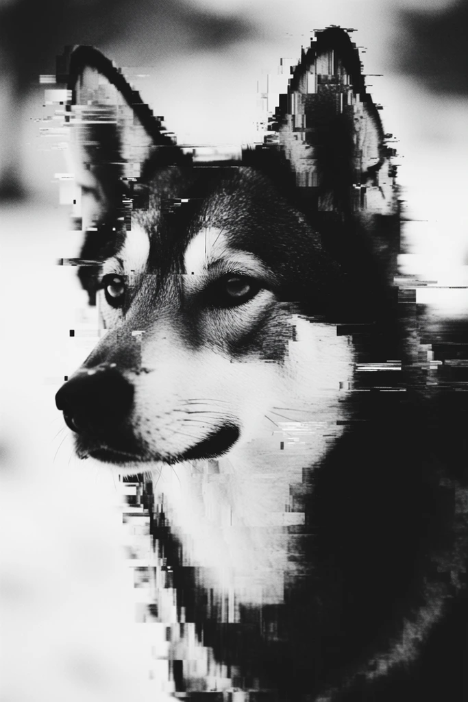 Monochrome Glitch Fragmentation style AI image example 3
