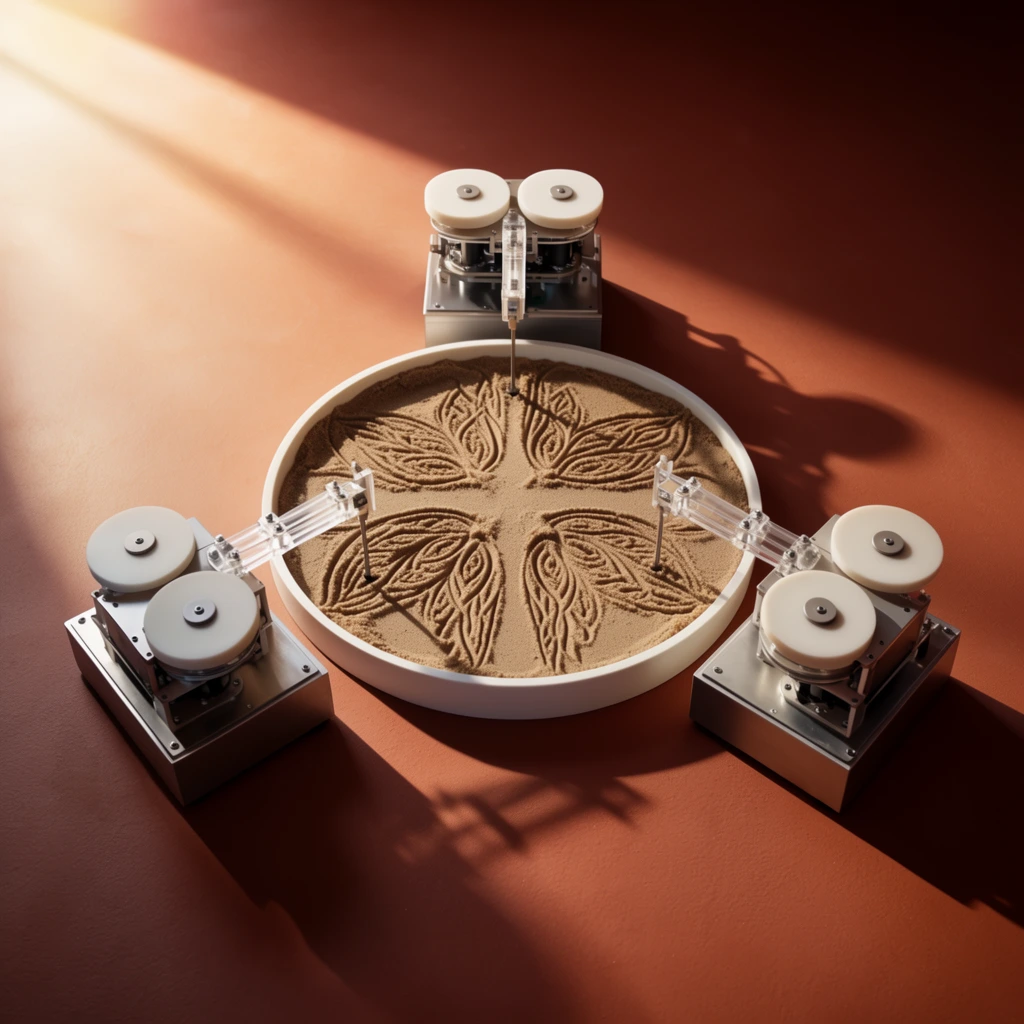 An overhead view of a kinetic sand-drawing installation featuring three robotic arms arranged around a central circular tray on a smooth matte terracotta floor. The shallow white tray contains textured brown sand etched with intricate, symmetrical wing-shaped patterns. Three identical mechanical units sit evenly spaced around the sand bed perimeter. Each unit features a rectangular metallic base topped with twin rotating white discs connected to jointed, translucent acrylic arms extending a slender stylus down into the sand. A strong beam of warm directional sunlight sweeps across the upper left corner, casting dark, elongated geometric shadows from the metallic mechanisms across the ground toward the lower right. The high-angle shot captures the sharp metallic edges of the machinery contrasting with the soft, grainy texture of the patterned sand under dramatic lighting.