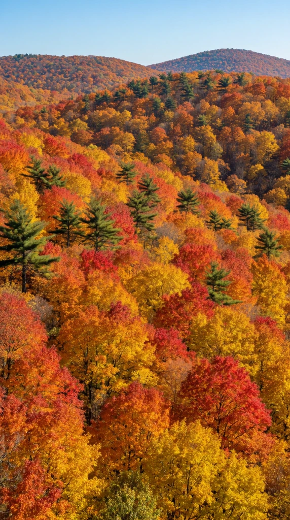 dense autumn forest on rolling hills, peak fall foliage, vibrant red orange and golden yellow canopy, scattered dark green pines, clear blue sky, aerial landscape photography