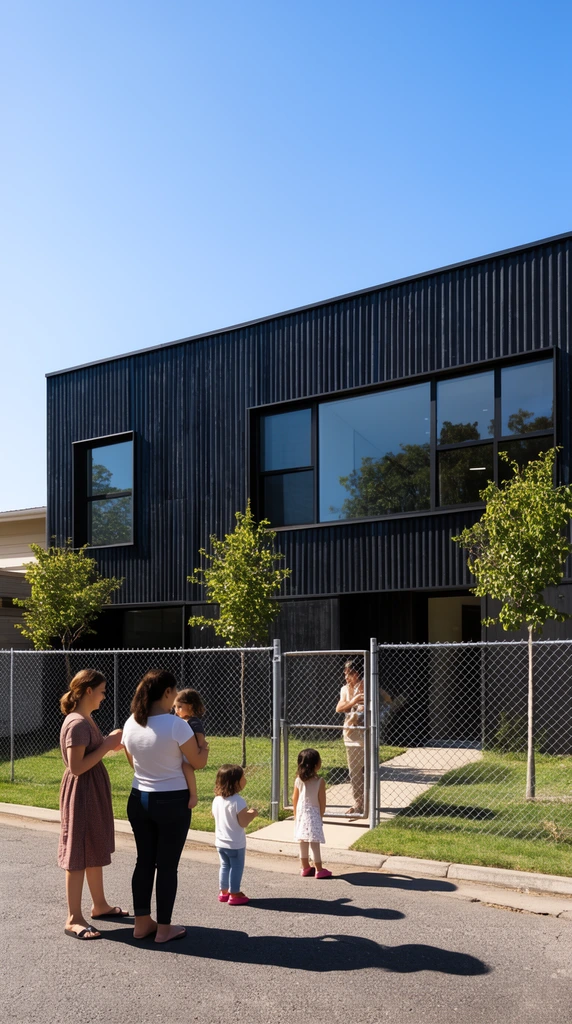 A modern dark corrugated building with large windows sits behind a chain-link fence. Women and young children gather on the paved street, interacting with a person inside the gate. Small trees dot the grassy yard under a clear blue sky, with bright sunlight casting sharp shadows across the asphalt.
