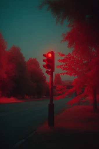 Infrared Nocturnal Gothic style reference image — glowing crimson highlights