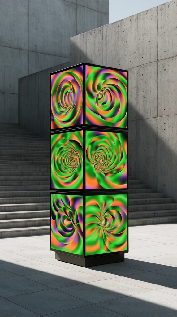 stacked column of three cubic digital displays, vibrant psychedelic 3D abstract graphics, swirling neon green orange and purple optical illusions, minimalist brutalist concrete courtyard, wide concrete stairs, strong directional sunlight, sharp diagonal shadows