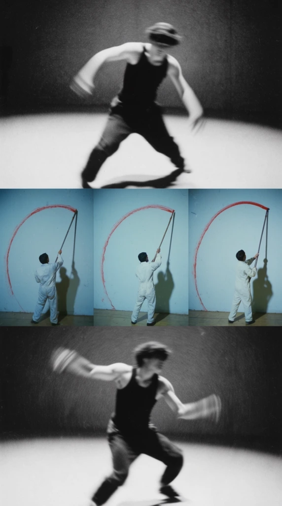 multi-panel performance art collage, top and bottom panels show grainy black and white extreme motion blur photography of a figure in a dark tank top executing dynamic sweeping dance movements on a bright floor, central band features three sequential cool-toned color frames of a person in light coveralls using a long pole to draw a massive red arc on a pale blue wall, stark cast shadows, vintage lo-fi film texture, high contrast lighting, avant-garde documentation