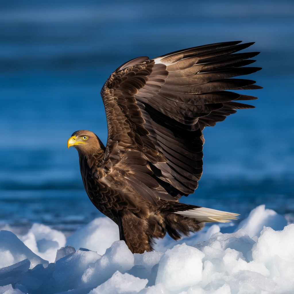 A large brown eagle stands on a jagged mound of ice with its wings dramatically swept back. The bird features a vivid yellow beak, a pale piercing eye, dark plumage, and white tail feathers, its head turned sharply left. Textured white ice chunks with soft blue shadows form the foreground. A smooth, blurred expanse of deep blue water creates a vibrant backdrop. Bright directional sunlight sharply illuminates the overlapping textures of the outstretched flight feathers in this crisp, high-contrast wildlife photograph.