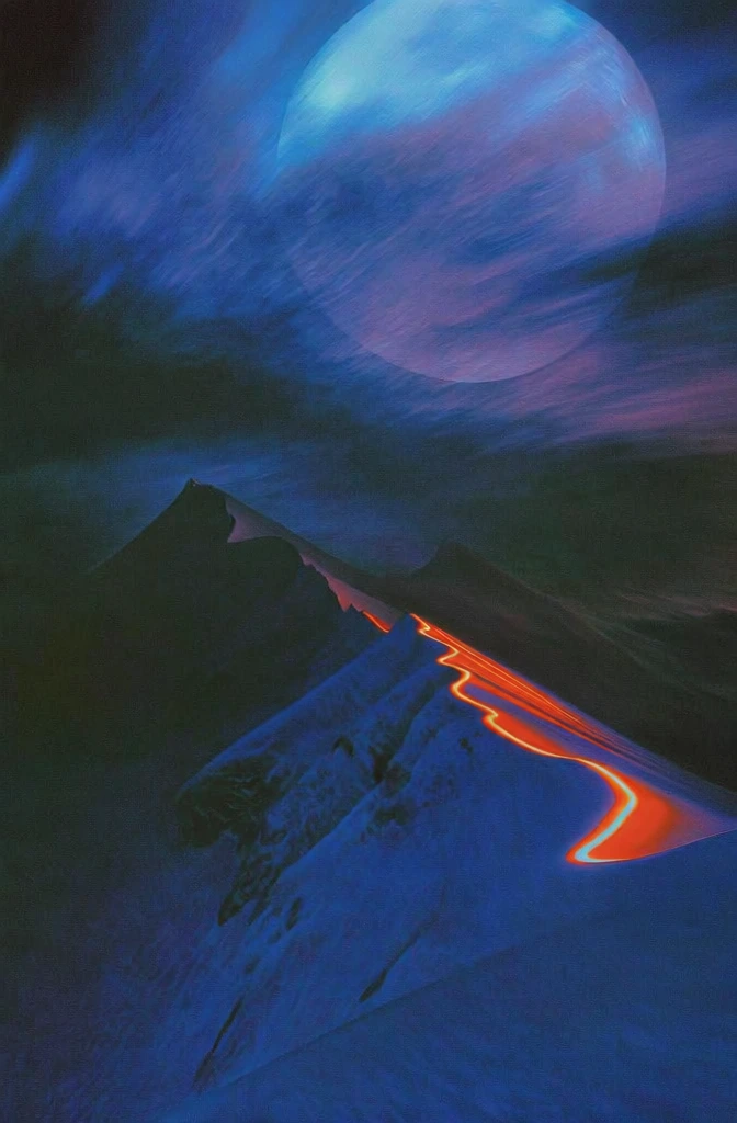 cinematic long exposure, grainy texture, snow-covered jagged mountain peaks under a massive ethereal full moon, motion-blurred sky with deep indigo and violet hues, dark obsidian shadows, vibrant glowing orange light trails tracing the sharp ridges of the peaks like neon veins, hazy atmospheric glow, painterly aesthetic, moody surreal composition, high contrast between cool blues and searing orange accents, dreamy liminal atmosphere, minimalist leading lines.