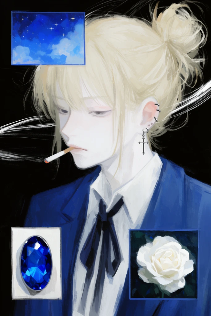A painterly anime-style portrait of a pale figure with a messy blonde bun smoking a cigarette. They wear a blue blazer, white shirt, dark ribbon tie, and silver ear piercings including a dangling cross. Sweeping white lines cross the black background. The collage composition features inset panels displaying a blue starlit sky, an oval blue gemstone, and a white rose.