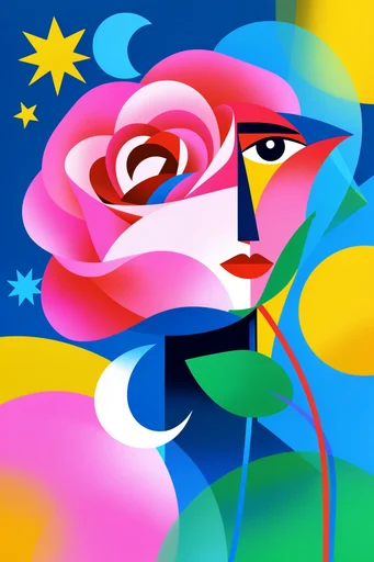 Vibrant Neo-Cubist Vectorism style reference image — celestial graphic motifs