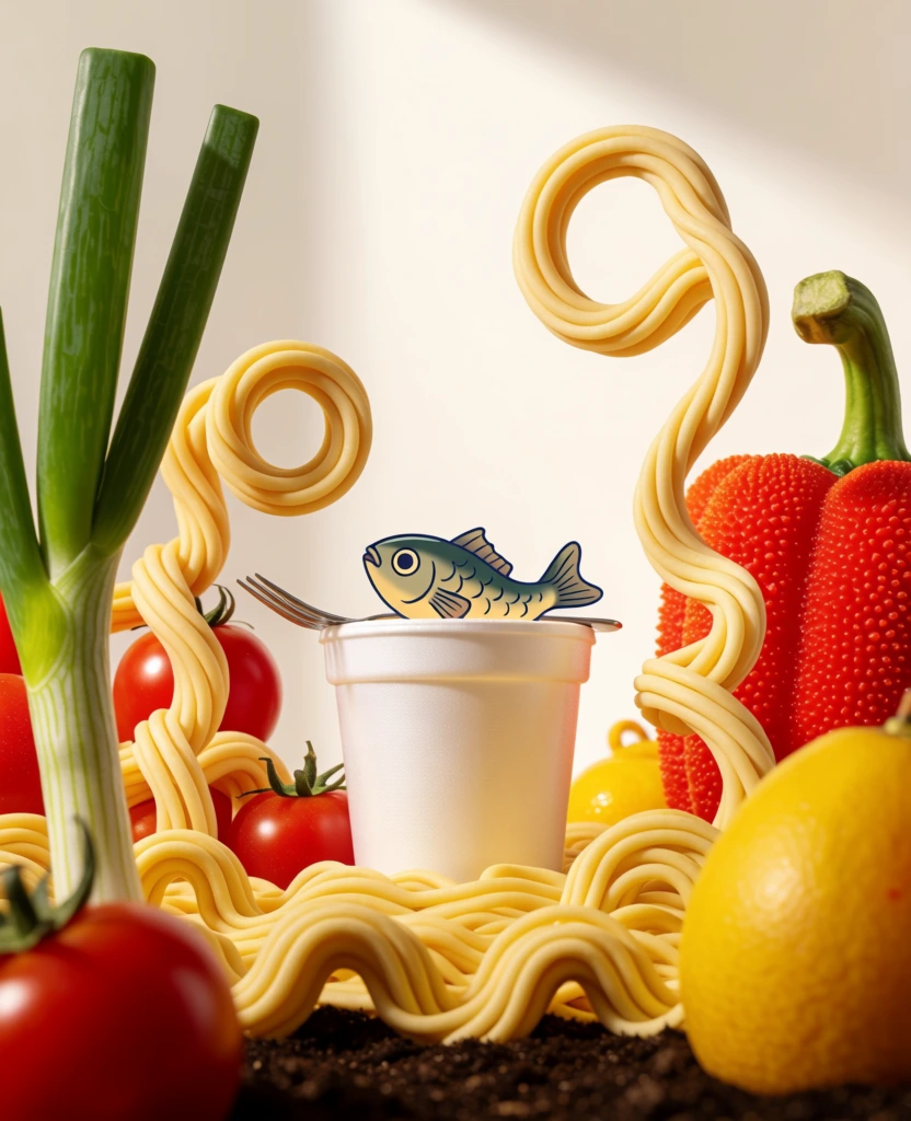 low-angle shot of a white styrofoam noodle cup with a small 2d-stylized cartoon fish sitting inside, a silver fork resting on its rim, framed by oversized vibrant vegetables and giant noodles arching like flower stems, set against a minimalist off-white studio background, high-key warm lighting with soft shadows, rich saturated color palette of primary yellows and reds, dark textured soil at the base, hyper-realistic food photography textures, playful surrealist pop-art aesthetic.