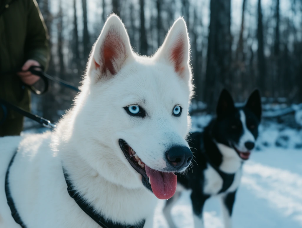 white husky with striking bright blue eyes, panting with pink tongue exposed, wearing a black harness, sharp focus on facial features, sunlit rim lighting on white fur, blurred black and white dog in the midground, partially visible person in olive jacket holding a leash on the left, snowy forest environment, dark bare tree trunks, shallow depth of field, cinematic natural lighting, cool winter color palette