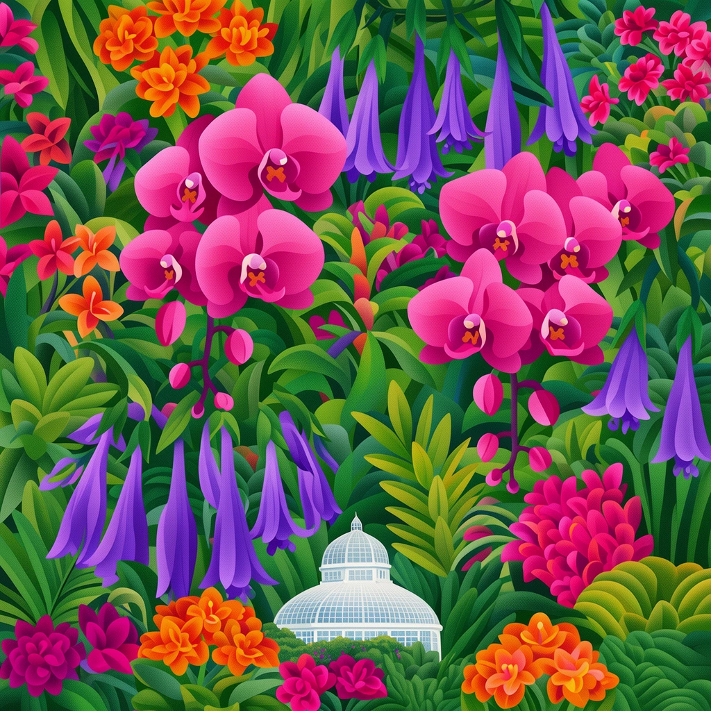 dense botanical illustration of tropical flora, oversized vibrant pink orchids, hanging purple bell flowers, clusters of orange and magenta blooms, varied lush green foliage, tiny white glass conservatory nestled at the bottom center, stippled grain texture, flat vector-style shading, highly saturated palette, edge-to-edge floral pattern