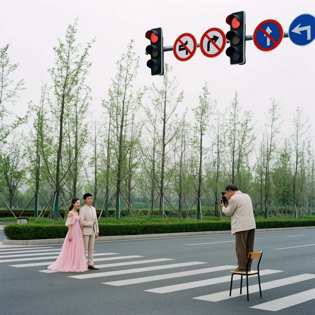 A couple in a pink gown and beige suit poses on a striped crosswalk for a photographer standing on a chair across the wide asphalt road. Suspended red traffic lights and colorful signs hang overhead against an overcast sky, with slender staked trees lining a green median in the background.