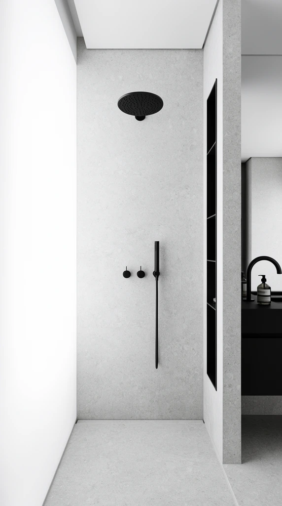 A minimalist walk-in shower defined by stark monochromatic contrasts and clean geometric lines. A subtly textured light grey stone wall forms the backdrop for matte black fixtures, featuring a flat circular rain showerhead, two small control dials, and a sleek vertical hand-shower wand. A narrow black recessed shelving niche is built into the right dividing wall. Beyond this partition, a dark vanity counter holds a black curved faucet and dispenser bottles. Intense, diffused light floods from the left, rendering the adjacent wall pure white and casting soft gradients across the stone surfaces. The composition emphasizes high-end architectural photography, extreme minimalism, sharp focus, and a striking high-contrast aesthetic.