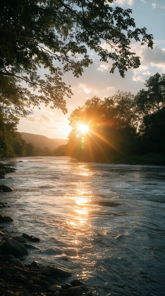 wide flowing river during golden hour, bright sun setting behind tree silhouettes, striking lens flare, shimmering reflection on rippling water, dark leafy branches framing the sky, rocky shoreline, distant hills, tranquil landscape photography