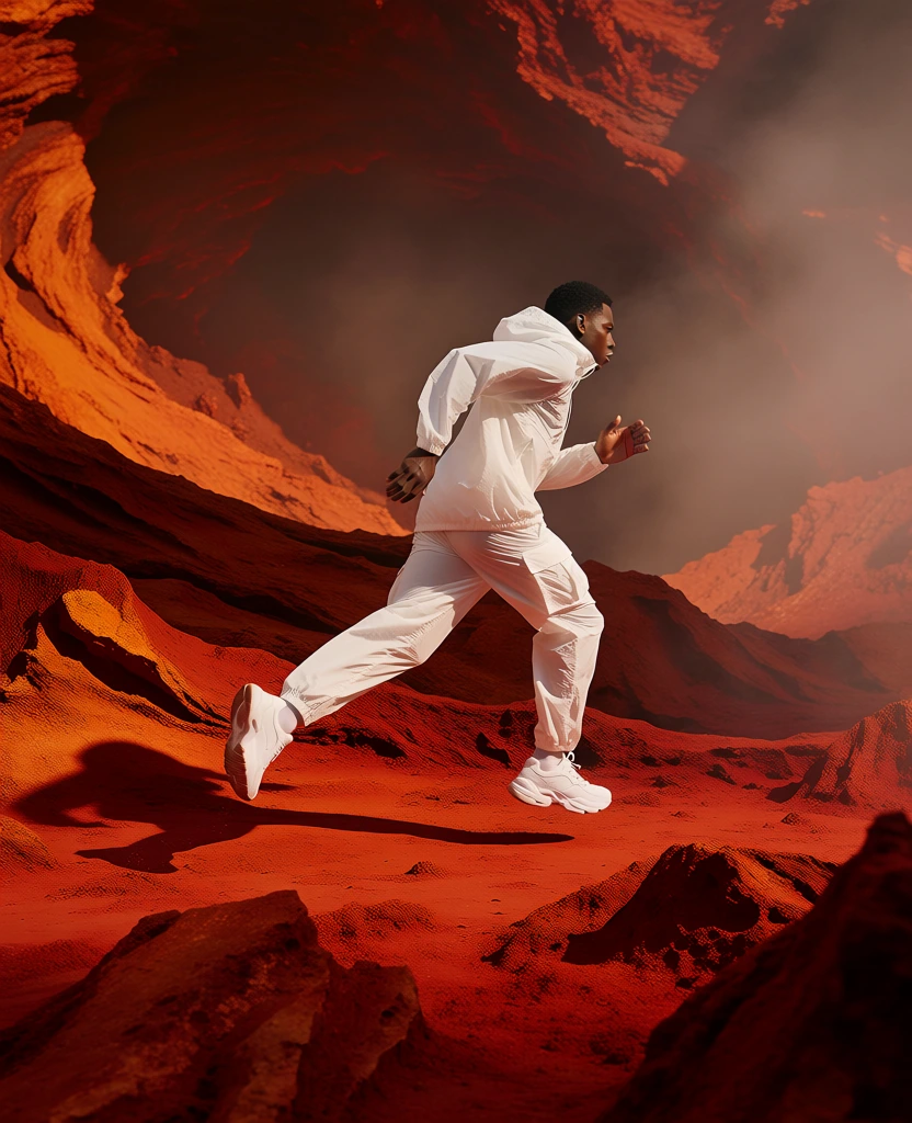 A dramatic, surreal image shows a Black man in an all-white outfit sprinting through a dark red volcanic landscape, as if crossing the floor of a crater or another planet. Photographic portrait, staged environmental fashion image, cinematic editorial, hyperreal color grading, high-resolution digital photography, contemporary fine art fashion, surreal landscape, intense, urgent, otherworldly, high contrast, medium visual complexity, crisp subject isolation, sharp detail, volcanic texture, moody atmosphere, palette of rust red, crimson, burnt umber, blackened lava, white fabric, deep shadows, controlled highlights, likely studio-enhanced or heavily graded natural light, fast shutter feel, no visible motion blur, no visible grain, no obvious lens distortion, no watermark, visually adjacent to the mood of Gordon Parks fashion drama, Nick Knight editorial surrealism, and Dana Scruggs’ sculptural portrait lighting. The frame is square. The entire background is filled by steep crater-like walls in layered shades of dark red and orange-red, rising from left to right and occupying the full upper half of the image. A hazy reddish plume or mist hangs in the upper center and upper right, softening the cliff texture there. The ground covers the lower half and is made of rough, porous, black and red volcanic rock, uneven and broken, with a narrow reddish dirt path curving diagonally from the lower left toward the center-right. The runner is placed slightly right of center, captured in profile facing right, mid-stride. He appears to be a young adult with close-cropped black hair and a focused, determined expression, eyes looking ahead toward the right edge. His body leans forward. His right arm is bent and lifted in front of his chest, left arm pulled back, left knee raised, right leg extended behind with the foot just above the ground, suggesting speed and effort. He wears a bright white hooded windbreaker or lightweight jacket zipped up, loose white pants, and chunky white sneakers. The brilliant white clothing stands out starkly against the red-black terrain. A sharp shadow falls to the lower left of his feet, anchoring him on the path. On the right midground, a jagged mound of black-red rock rises like a ridge, partially framing him from behind. The image overall feels hot, perilous, and heroic, like a fashion campaign set inside a volcano.