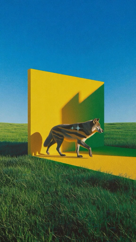 surrealist minimalist composition, a wolf with distinct horizontal bands of fur and a four-pointed star marking its body walking across a vibrant yellow l-shaped platform, set in a vast lush green field under a clear cerulean sky, hard directional side lighting casting a sharp dramatic shadow onto the yellow wall, high-saturation color palette, heavy film grain texture, clean geometric lines, dreamlike cinematic aesthetic, center-weighted wide shot