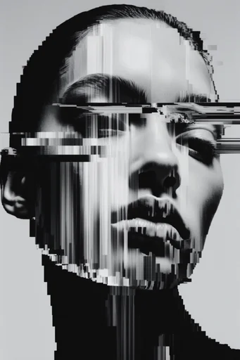 Fragmented Monochrome Surrealism style reference image — digital glitch distortion