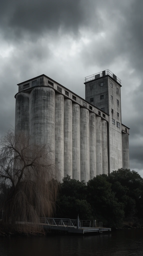 monumental weathered concrete grain elevator, row of towering cylindrical silos, rectangular headhouse structure, stark brutalist industrial architecture, dramatic heavy grey overcast sky, dark still river in foreground, bare weeping willow, dense dark green trees, small metal dock, low angle perspective, moody desaturated color palette