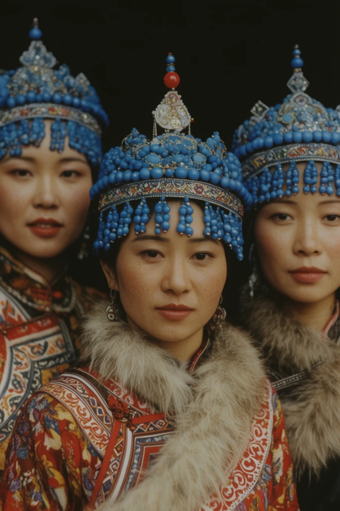 three women in traditional ethnic garments against a black background, vintage color film style, ornate blue beaded headdresses, fur collars, cinematic portrait