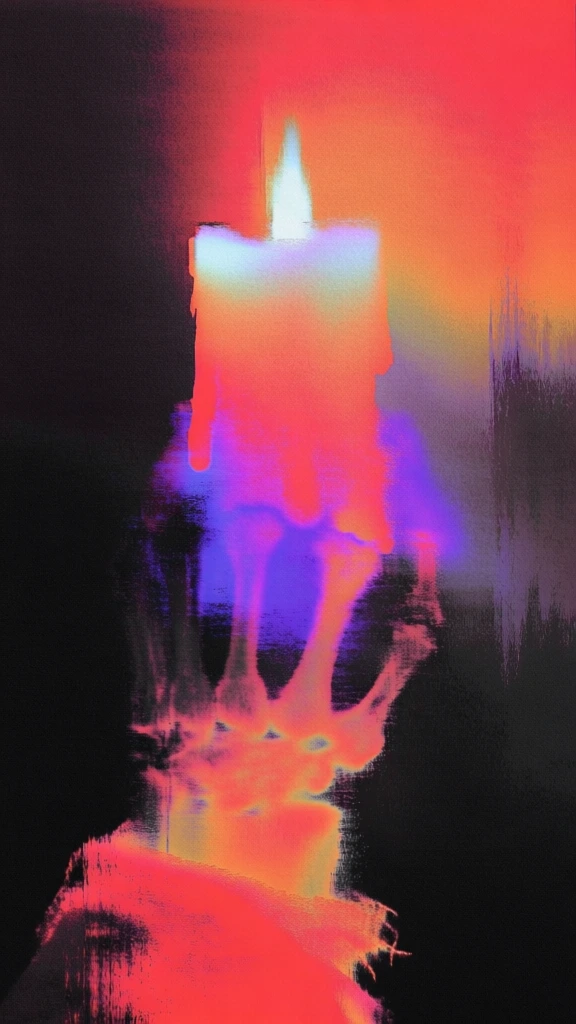 skeletal hand clutching a liquifying candle, tattered cloth bound around the wrist bones, rendered in a heavily distorted analog glitch aesthetic, deep obsidian void background, vibrant neon violet and electric magenta light leaks, glowing solarized orange and carmine red thermal textures, thick digital noise and coarse film grain, vertical motion smearing, pixelated dithering, chromatic aberration on the anatomical edges, ethereal high-contrast atmosphere, blurred heat map distortion.