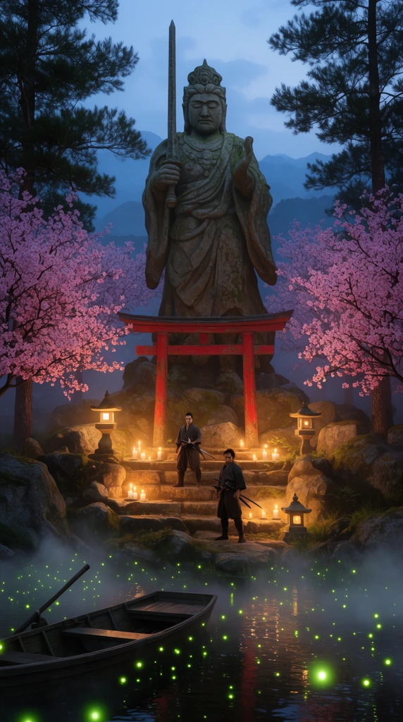 A colossal stone deity holding a sword dominates a twilight rocky shrine framed by pink cherry blossoms and tall pines. Warm candlelight and stone lanterns illuminate a red Torii gate and worn steps where two swordsmen stand poised. A dark misty pond dotted with glowing green fireflies and a wooden rowboat anchors the foreground against distant blue mountains.