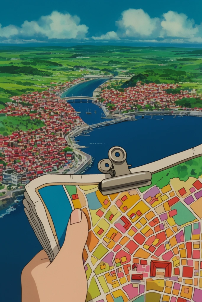 hand holding a folded colorful map secured by a metal binder clip in foreground, sweeping aerial view of a coastal town, dense red-roofed buildings, deep blue ocean bay, bridges crossing an inlet, rolling green fields, blue sky with fluffy clouds, vintage 2D anime illustration style, vivid daytime lighting, painted background aesthetic