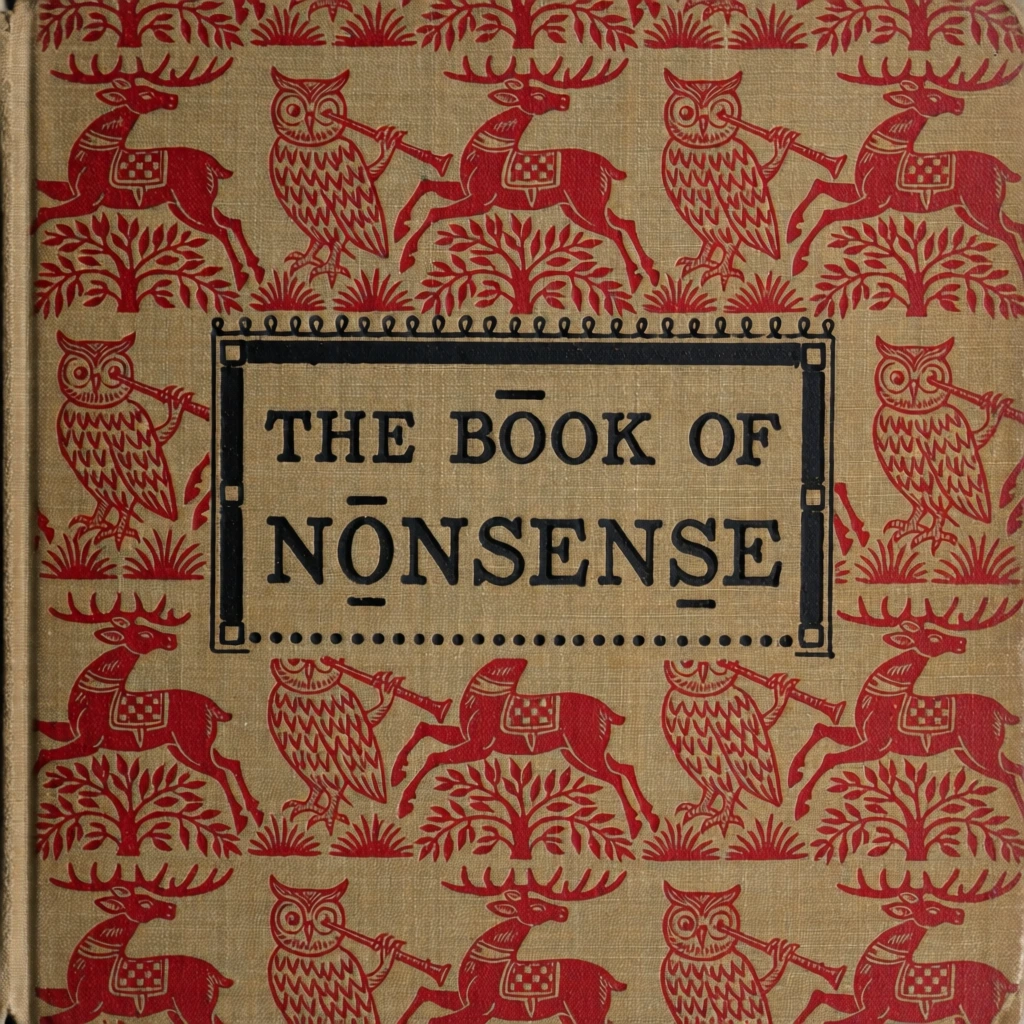 A vintage book cover features the title "THE BOOK OF NONSENSE" centered within a decorative black rectangular frame over a repeating red pattern on a tan woven cloth background. The title text is printed in bold, black, uppercase slab-serif letters, with "THE BOOK OF" on the top line and "NONSENSE" on the bottom line. Small horizontal bars sit above the "O" in "BOOK" and the "O" in "NONSENSE." The black frame surrounding the text includes a row of small loops along the top edge, a series of dots at the bottom, and square indentations on the vertical sides. The background pattern, printed in a vibrant red ink, depicts a repeating sequence of a stag with a checkered saddle leaping over stylized leafy trees and an owl standing upright while playing a long, flute-like instrument. These figures are arranged in interlocking rows across the entire surface of the coarse, tan-colored fabric. The image is captured from a flat, straight-on perspective with even lighting that emphasizes the tactile texture of the book's cloth binding. The color palette is restricted to the natural tan of the base material, the red of the illustrative pattern, and the deep black of the central title and its border.
