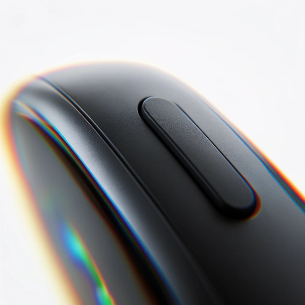 extreme macro close-up of a sleek dark grey electronic device, curved matte black surface, elongated pill-shaped tactile button, shallow depth of field, pronounced chromatic aberration with rainbow fringing, bright white background, diffused studio lighting, industrial design product photography, modern tech aesthetic