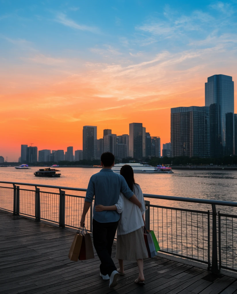rear view of couple walking on wooden boardwalk, male arm around female, carrying shopping bags, metal waterfront railing, modern city skyline across wide river, boats, vibrant orange and blue sunset sky gradient