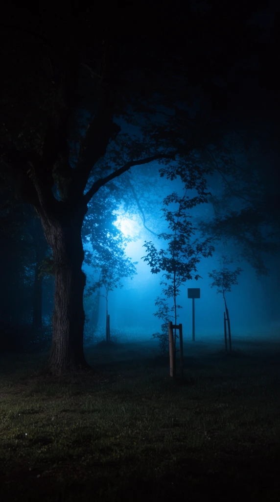 Intense cyan light piercing dense fog behind silhouetted trees at night, dark woodland clearing, dimly lit grassy foreground, large textured tree trunk on the left, small saplings with wooden stakes, dark rectangular sign, deep black shadows, glowing mist, cinematic lighting, cool blue tones