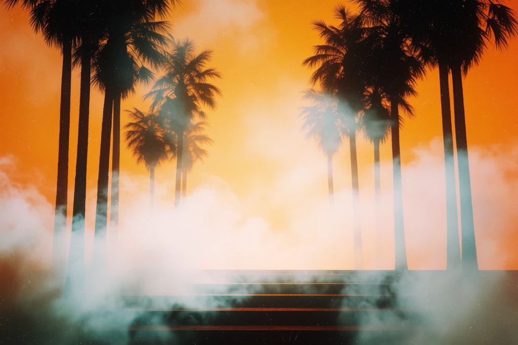 A dreamy, retro-futuristic landscape features tall silhouetted palm trees towering over a set of dark steps, enveloped in thick, ethereal mist against a glowing orange sky. The slender, vertical trunks and spiky fronds are rendered in stark black, creating a high-contrast frame around the central light source. Swirling clouds of pale, bluish-white fog drift across the lower foreground, partially obscuring the dark horizontal ridges of the ground. The background is a flat, intense gradient of warm amber and tangerine, enhanced by bright, hazy light leaks and a distinct grainy film texture that gives the composition a nostalgic ambiance.