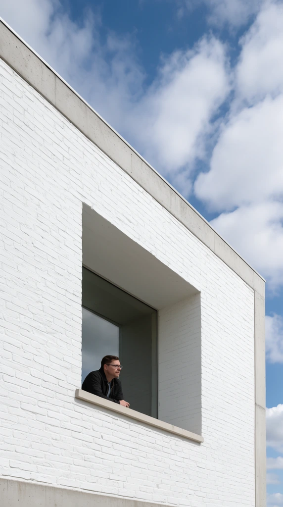 A low-angle architectural photograph of a man gazing out from a deeply recessed square window set into a minimalist white brick facade. The man wears glasses and a dark jacket, resting his forearms on the pale concrete ledge. The building exterior contrasts roughly painted white brickwork with smooth grey concrete structural beams along the outer edges. Inside the shadowed window alcove, a large glass pane subtly reflects the surrounding environment. Strong diagonal lines define the composition as the building's edge converges upward against a bright blue sky filled with scattered white cumulus clouds. Crisp natural sunlight highlights the geometric purity and textural interplay of the modern structure.