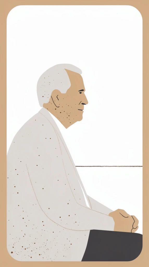 A minimalist flat vector illustration of an older man shown in profile facing right, with his hands clasped and resting in his lap. The composition is framed by a thick, warm beige border featuring rounded inner corners. The man is rendered using stark, flat color blocks utilizing a strictly limited palette of pure white, camel beige, light warm grey, and dark charcoal. Scattered dark brown stippling dots provide subtle texture across his stylized clothing and facial features. Thin, delicate, lightly textured lines define the minimal contours of his posture and expression. He is positioned against a vast expanse of pure white negative space, anchored by a single, thin, slightly rough dark horizontal line running horizontally across the background.