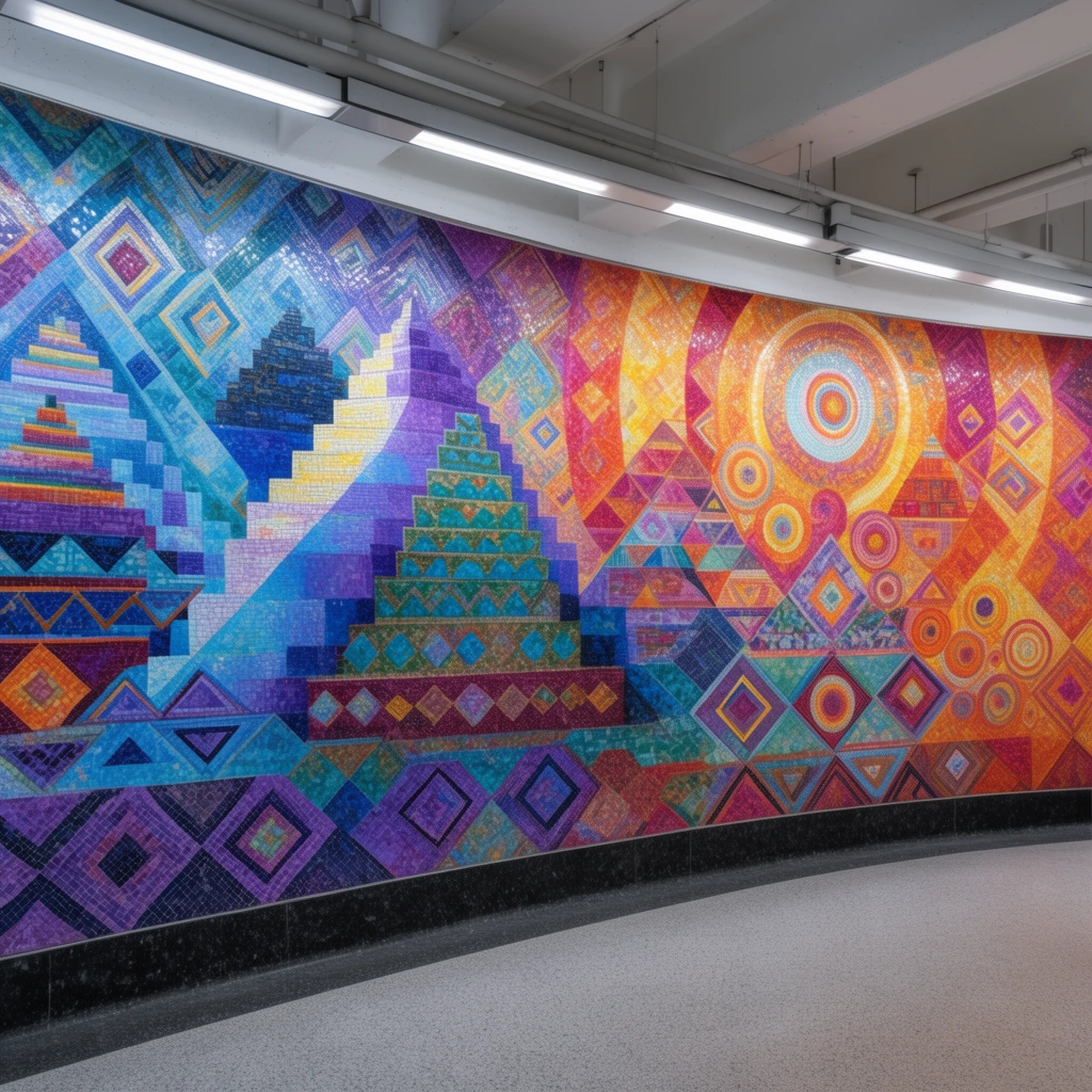 A vibrant, large-scale geometric mosaic mural stretches across a curved wall inside a brightly lit public space. The intricate tilework forms an abstract, kaleidoscopic landscape of stepped pyramids, diamonds, and concentric circles. Cool blues, purples, and teals dominate the left side, seamlessly transitioning into radiating warm oranges, yellows, and magentas on the right. The highly detailed, symmetrical artwork is bordered by a dark stone baseboard, contrasting heavily with the minimalist speckled grey floor and utilitarian white ceiling overhead.