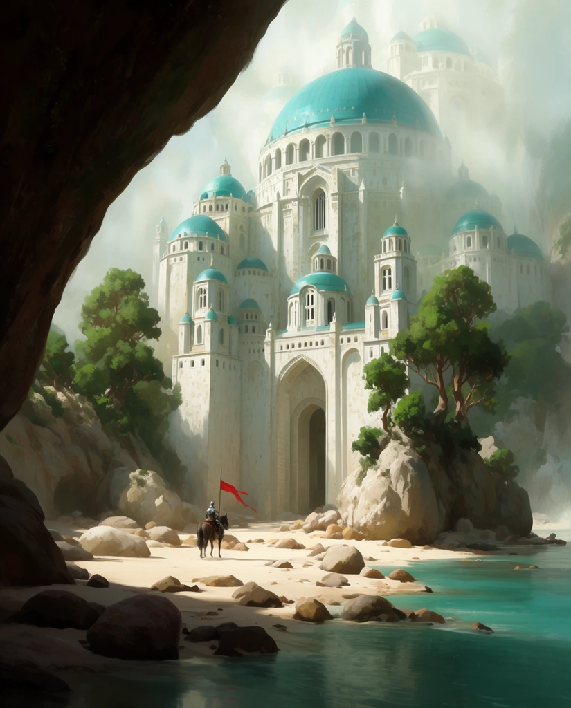 colossal white stone palace built into a cliffside, vibrant teal domed roofs disappearing into luminous mist, tiny knight on horseback holding a red banner at the base, lush trees on rocky foundations, dark cave overhang framing the left foreground, sandy shoreline with scattered boulders, calm turquoise water, epic fantasy cinematic concept art, grand scale, wide-angle landscape, atmospheric perspective
