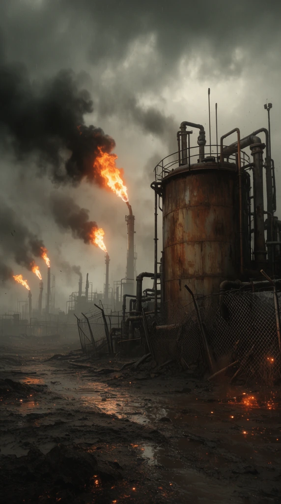 A desolate industrial oil facility sits on a dark muddy landscape under a stormy sky. A large rusted cylindrical storage tank anchors the right foreground, surrounded by complex pipes and a damaged chain-link fence. The slick ground features scattered glowing embers. In the hazy background, several pipes spew intense orange flames and thick plumes of black smoke. The gritty apocalyptic scene uses heavy contrast between muted earthy tones and vivid fire, rendered in a moody realistic style.