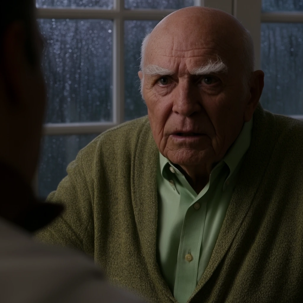 An elderly man with a bald head, prominent white eyebrows, and wrinkled skin looking intently towards someone out of focus in the foreground. He wears a light green button-down shirt under a textured, olive-green cardigan. He is positioned in front of a multi-paned window speckled with raindrops, suggesting a dreary or rainy day outside. The lighting is somewhat dim, casting shadows on the right side of his face and emphasizing his age lines and intense expression. The camera angle is an over-the-shoulder shot, capturing the man's reaction in a quiet, moody setting.